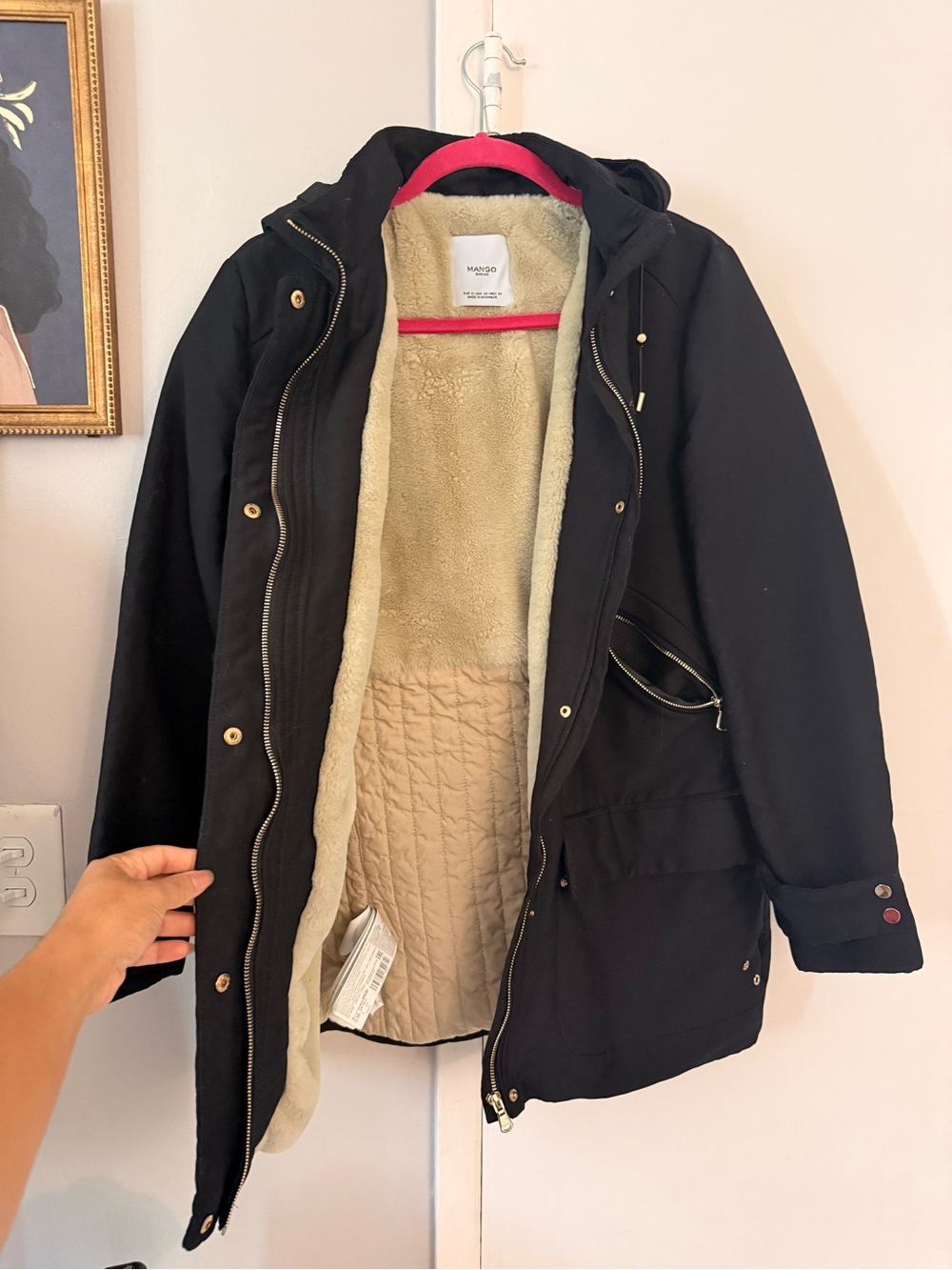 Mango Black Hooded Pea Coat with Cream Sherpa Lining